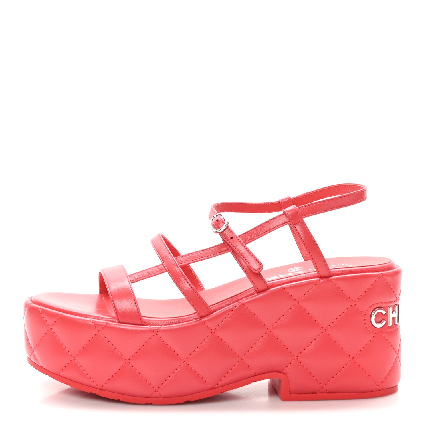 Chanel Calfskin Quilted Wedge Logo Sandals 37 Red 1 of 10