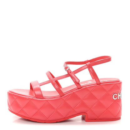 Chanel Calfskin Quilted Wedge Logo Sandals 37 Red 1 of 10