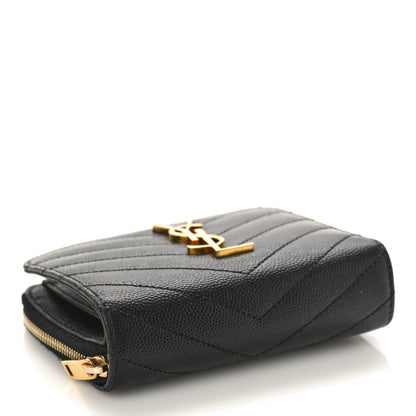 Saint Laurent Grain De Poudre Matelasse Chevron Monogram Compact Zip Around Wallet Black 4 of 8
