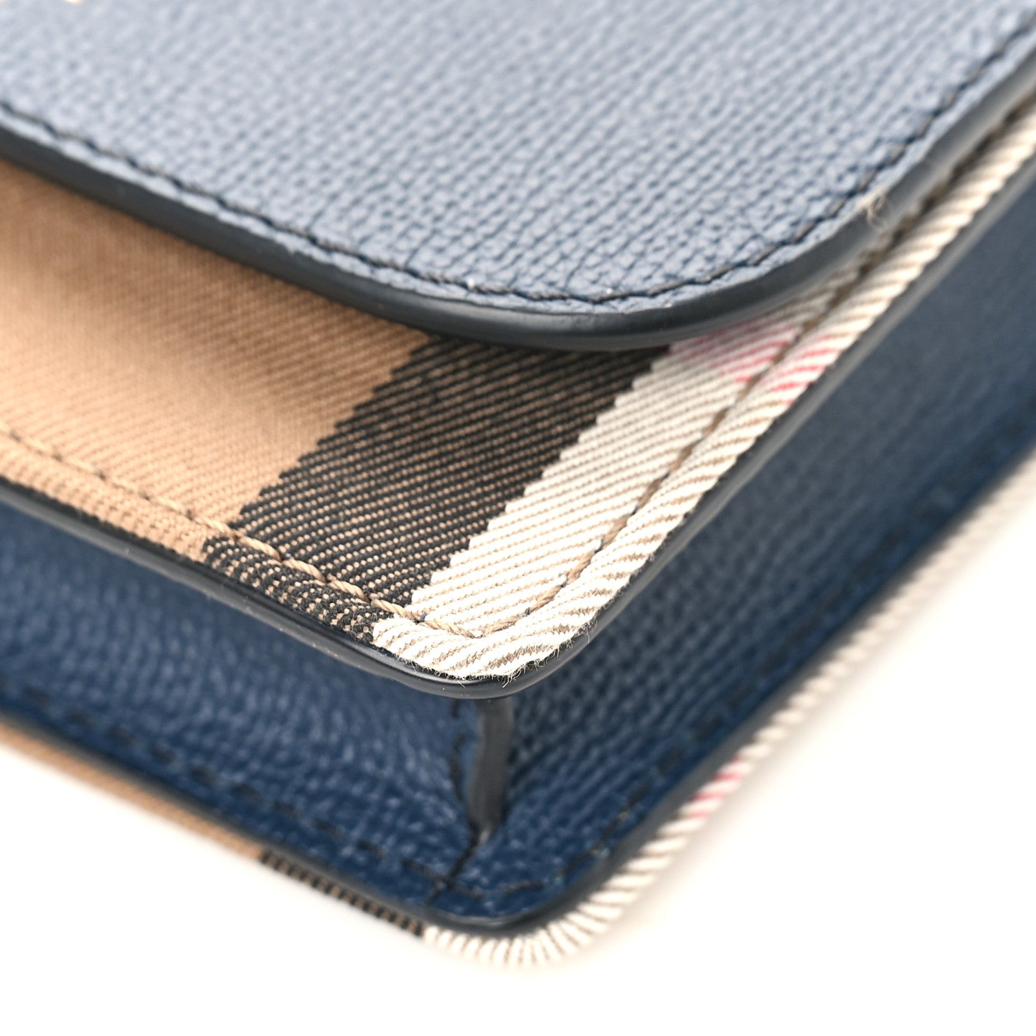 Burberry Grained Calfskin House Check Tartan Mix Hampshire Wallet On Chain Navy 8 of 8