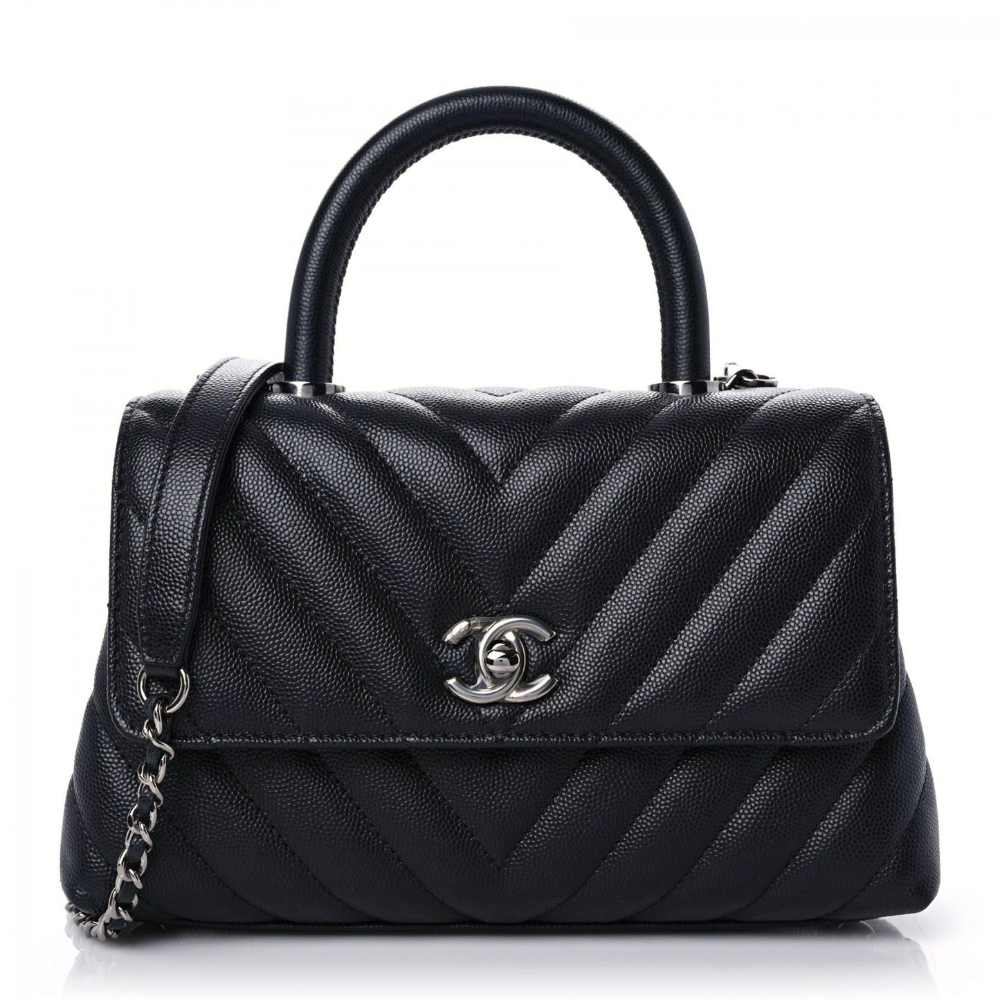 Caviar Chevron Quilted Mini Coco Handle Flap Black