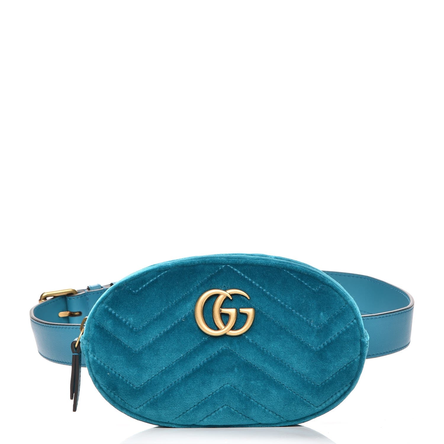 Gucci Velvet Matelasse GG Marmont Belt Bag 85 34 Pavone Cyan 1 of 8