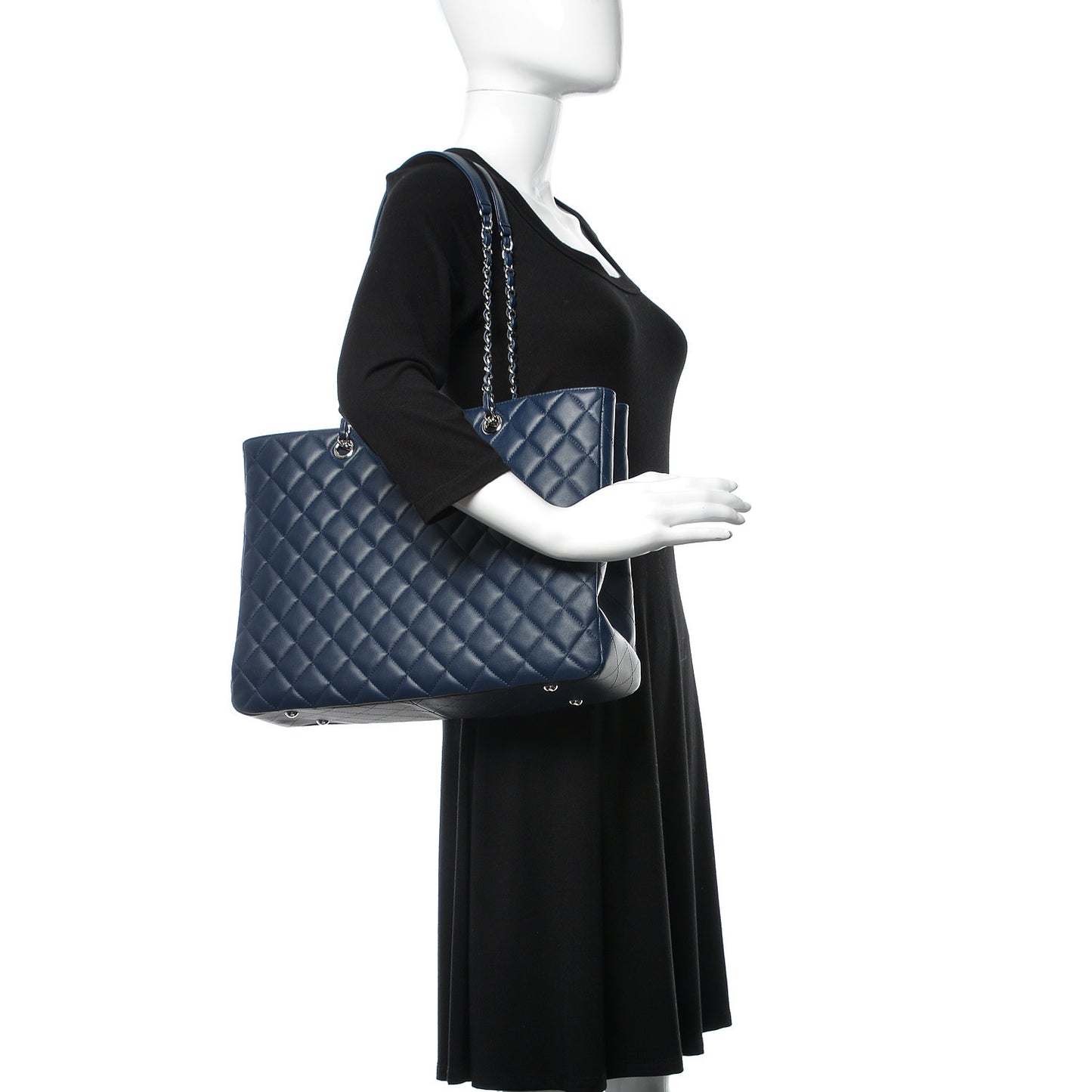 Lambskin Quilted Large Classic Shopping Tote Navy
