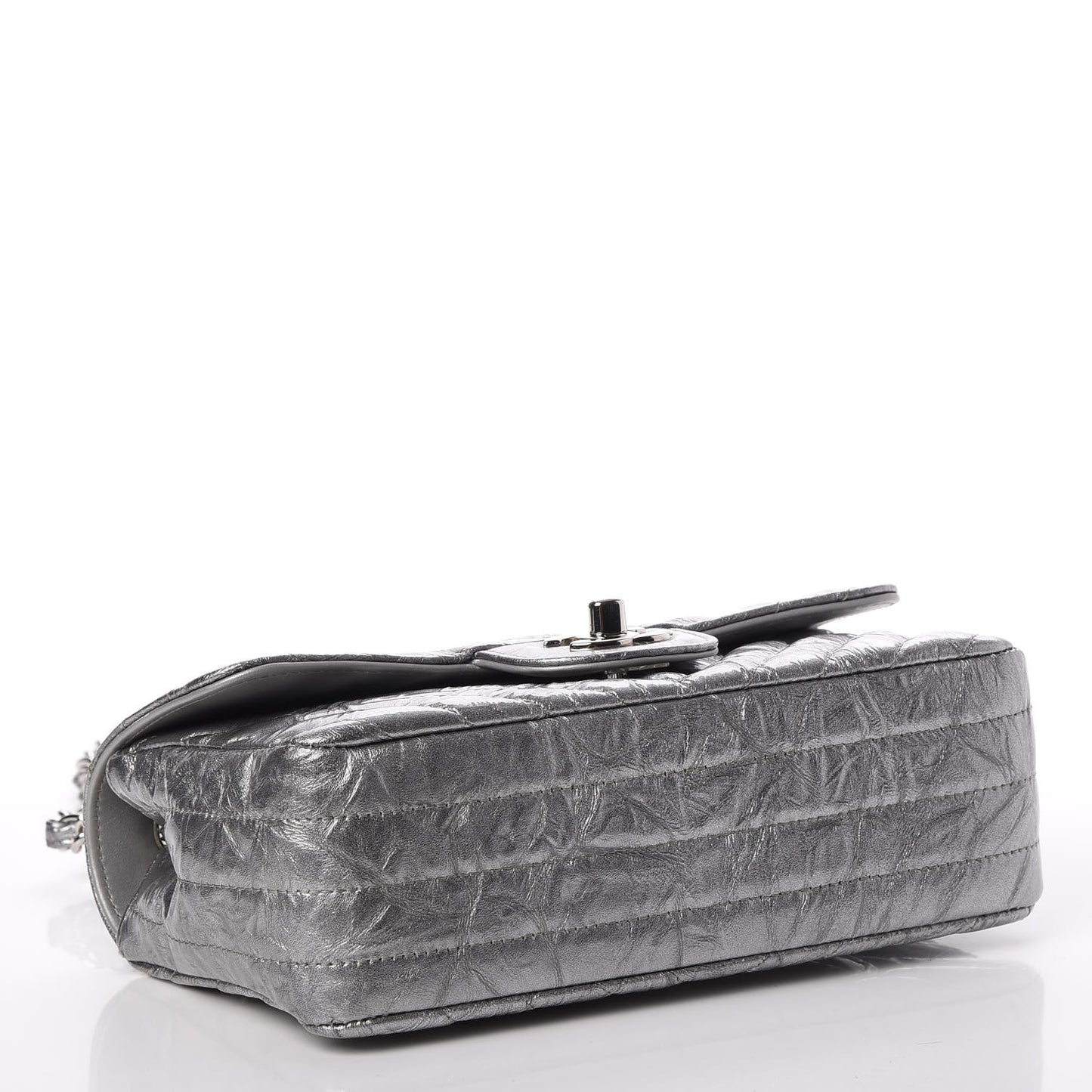 Patent Metallic Crumpled Calfskin Chevron Quilted Mini Rectangular Flap Silver