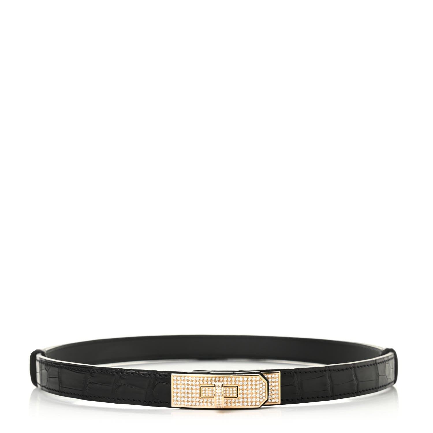 Hermes 18K Yellow Gold Diamond Matte Alligator Kelly Belt Black 1 of 6