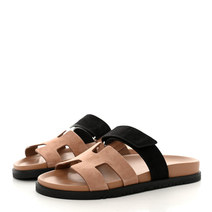 Hermes Suede Goatskin Womens Chypre Sandals 38 Rose Perle Black 3 of 12