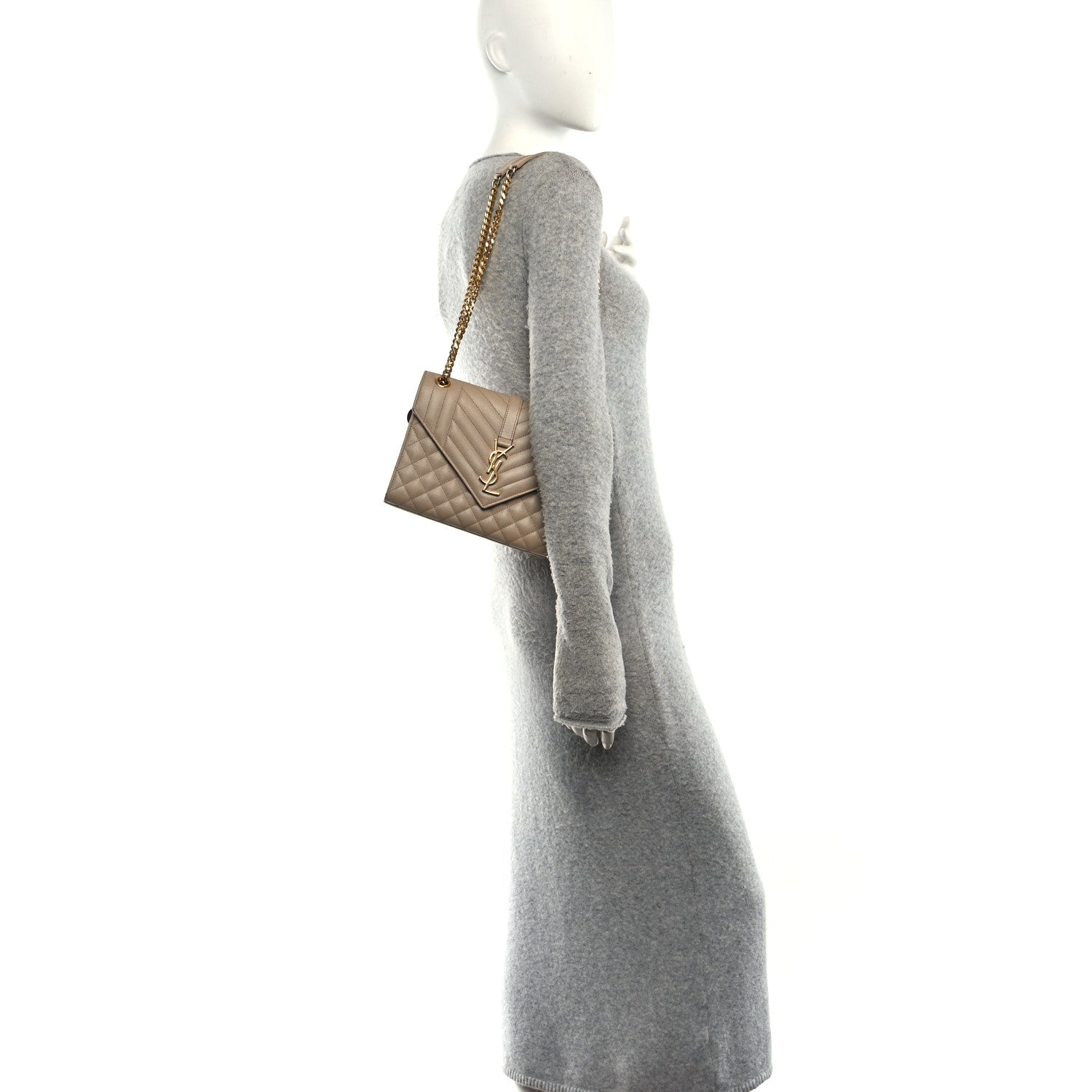 Saint Laurent Grain De Poudre Textured Mixed Matelasse Triquilt Small Monogram Satchel Dark Beige 2 of 12