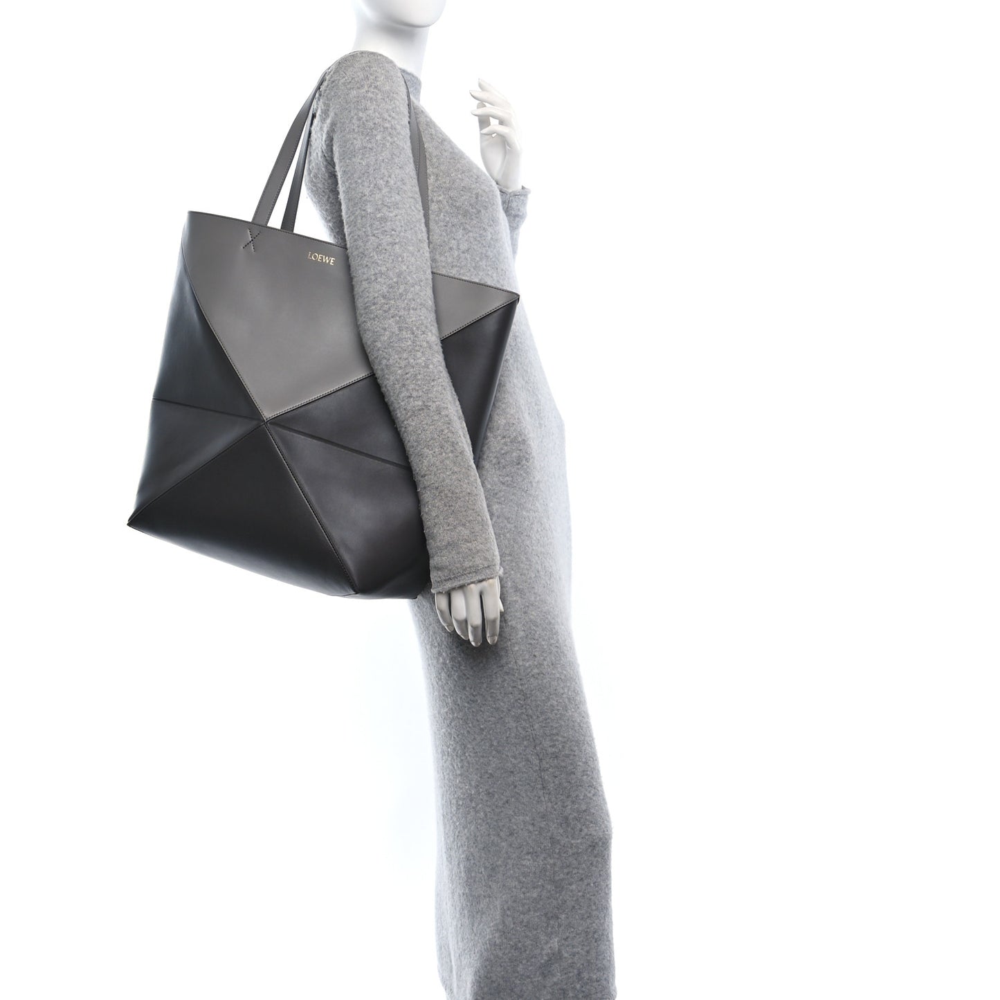 Shiny Calfskin Large Puzzle Fold Tote  Pearl Grey Dark Grey