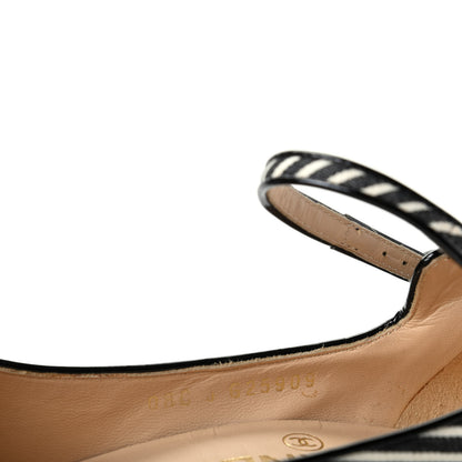 Chanel Fabric Striped Patent Cap Toe Ankle Strap Pumps 37.5 Black White 10 of 11