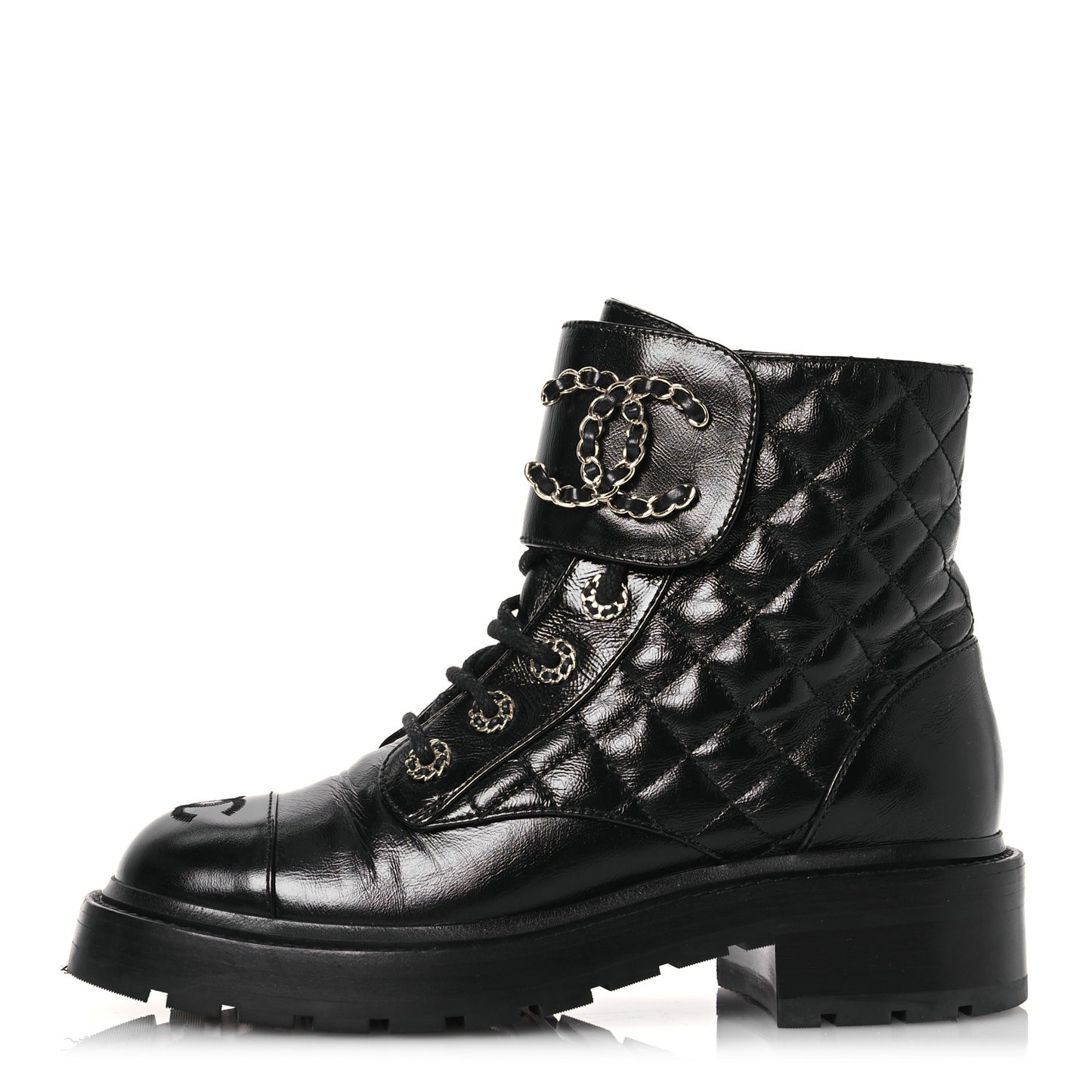 Shiny Calfskin Quilted Lace Up Combat Boots 37 Black