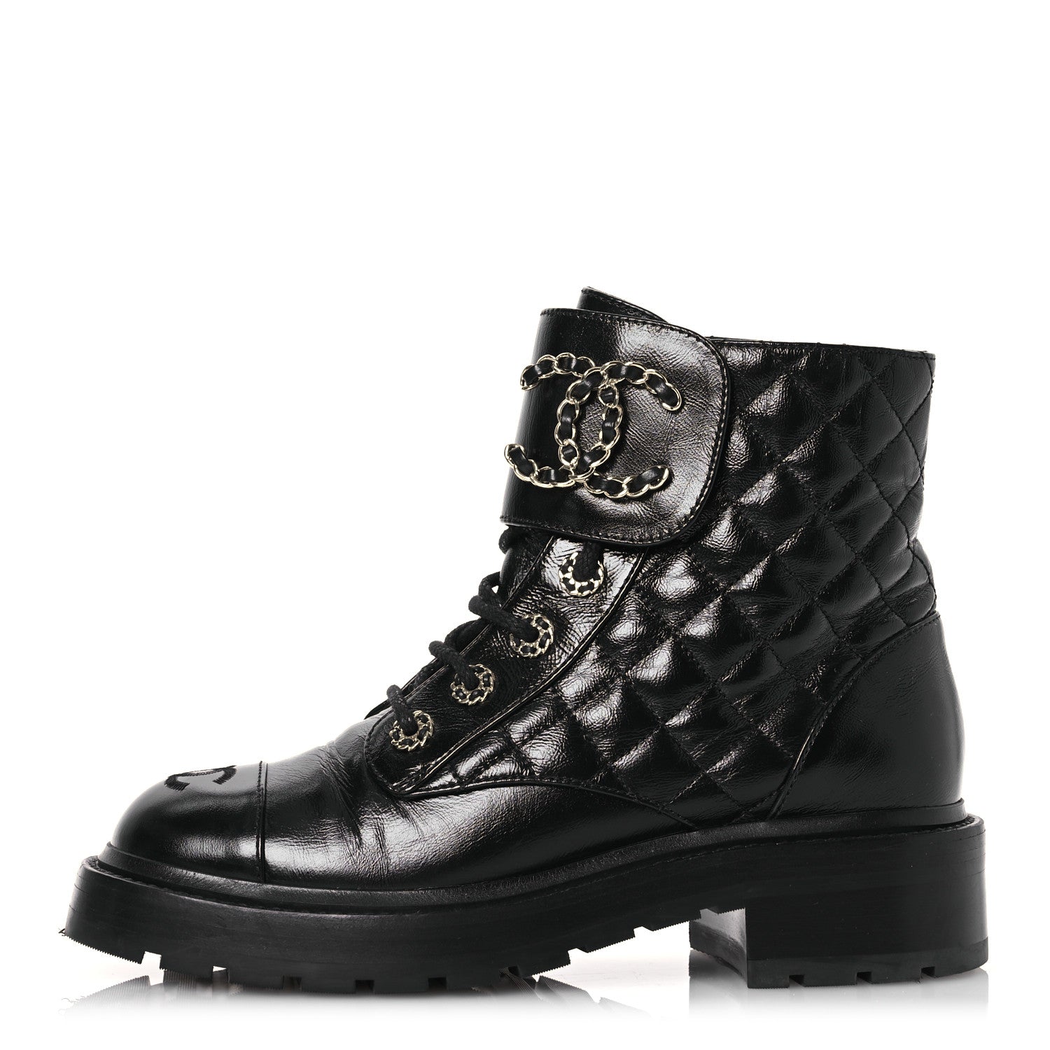 Chanel Shiny Calfskin Quilted Lace Up Combat Boots 37 Black 1 of 14