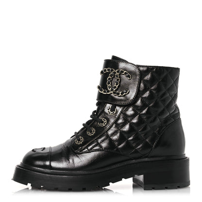 Chanel Shiny Calfskin Quilted Lace Up Combat Boots 37 Black 1 of 14