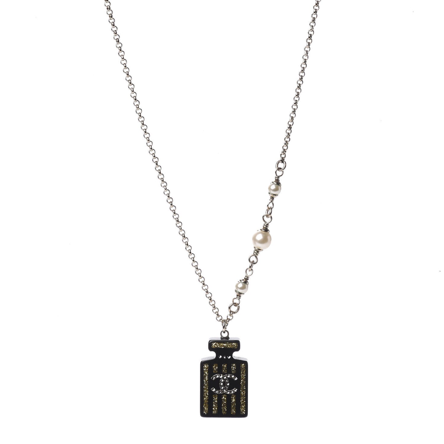 Resin Strass Perfume Bottle CC Necklace Black Gold