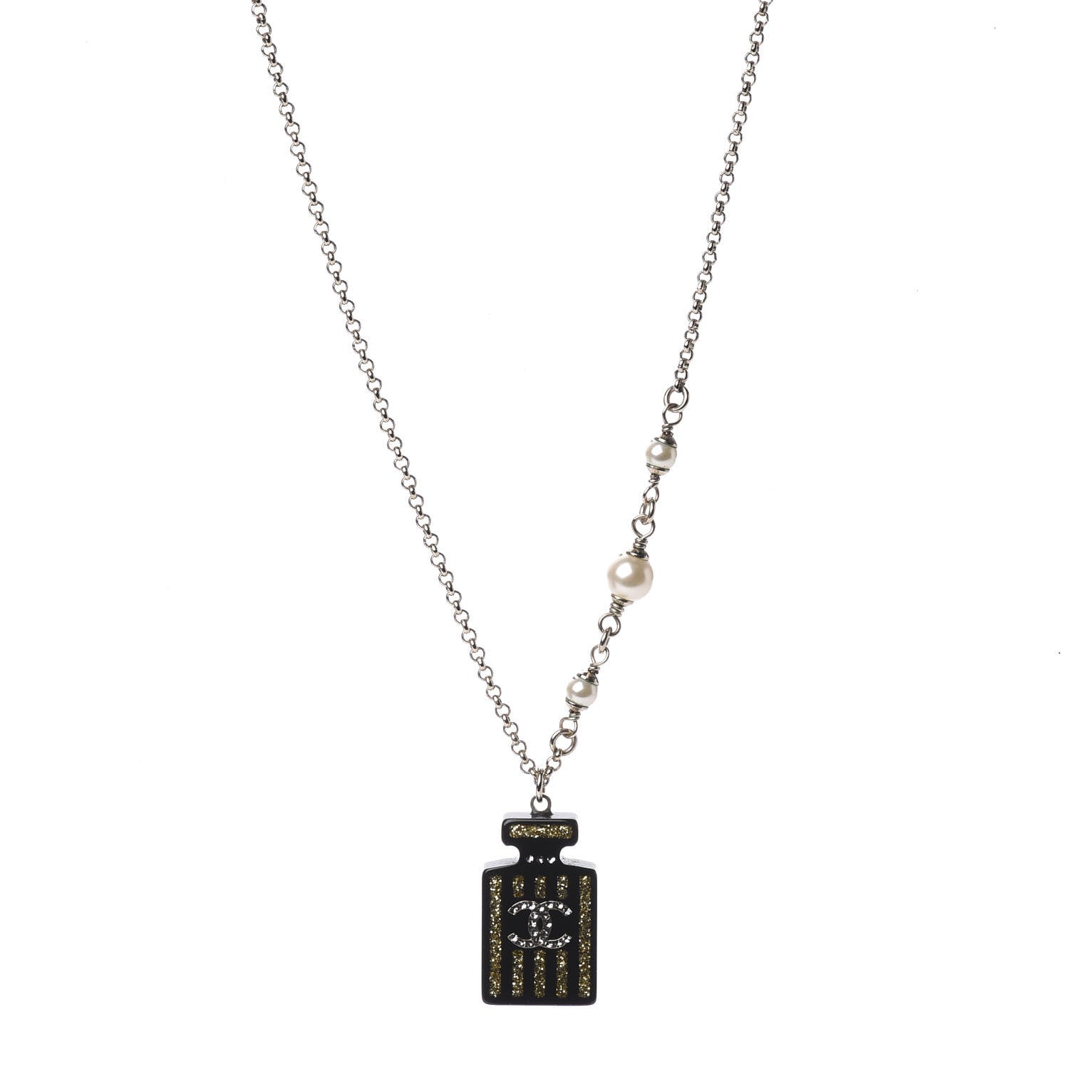 Chanel Resin Strass Perfume Bottle CC Necklace Black Gold 1 of 6
