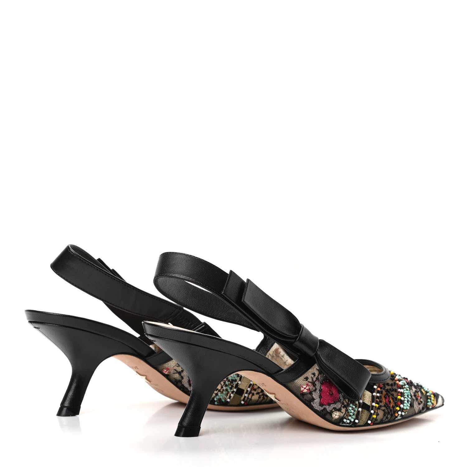 Christian Dior Embroidered Calfskin Beaded Sweet D Sling-Back Pumps 37.5 Black Turquoise 4 of 8