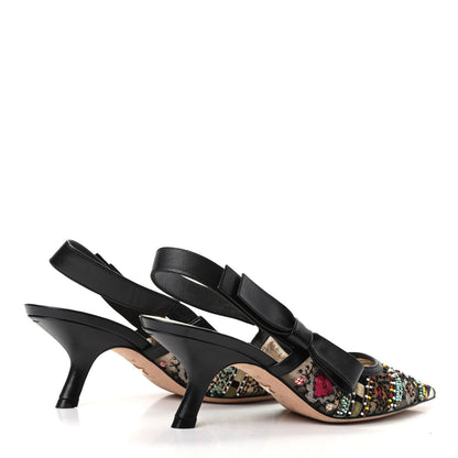 Christian Dior Embroidered Calfskin Beaded Sweet D Sling-Back Pumps 37.5 Black Turquoise 4 of 8