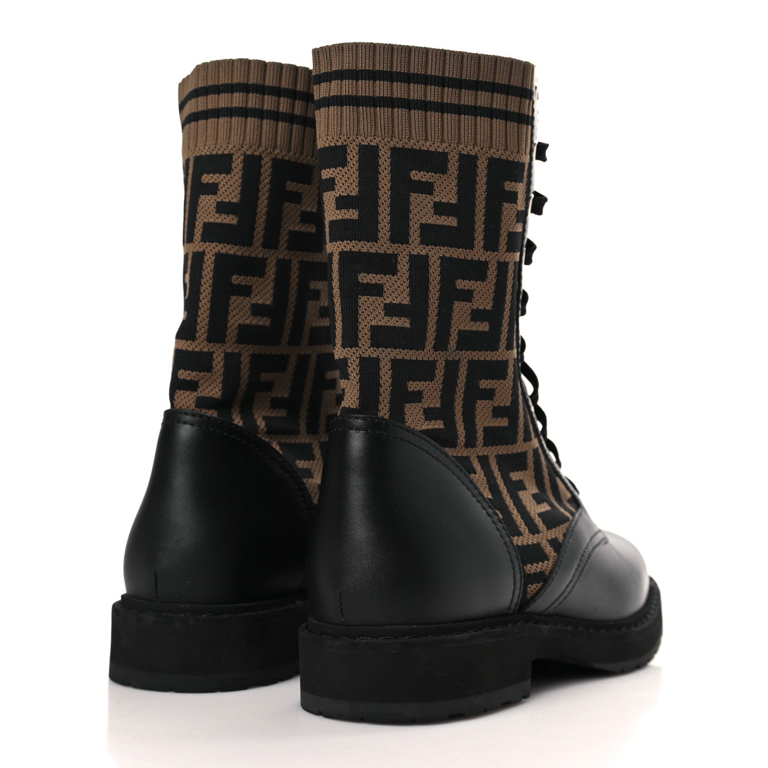 Fendi Calfskin Stretch Fabric FF Rockoko Biker Boots 38.5 Black Tobacco 4 of 8