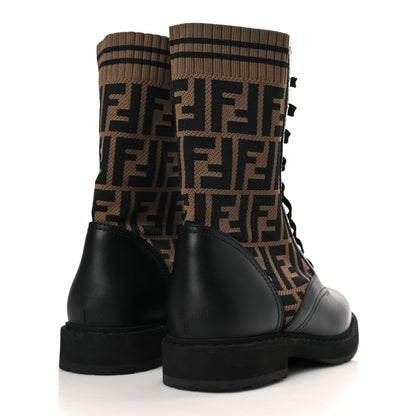 Fendi Calfskin Stretch Fabric FF Rockoko Biker Boots 38.5 Black Tobacco 4 of 8