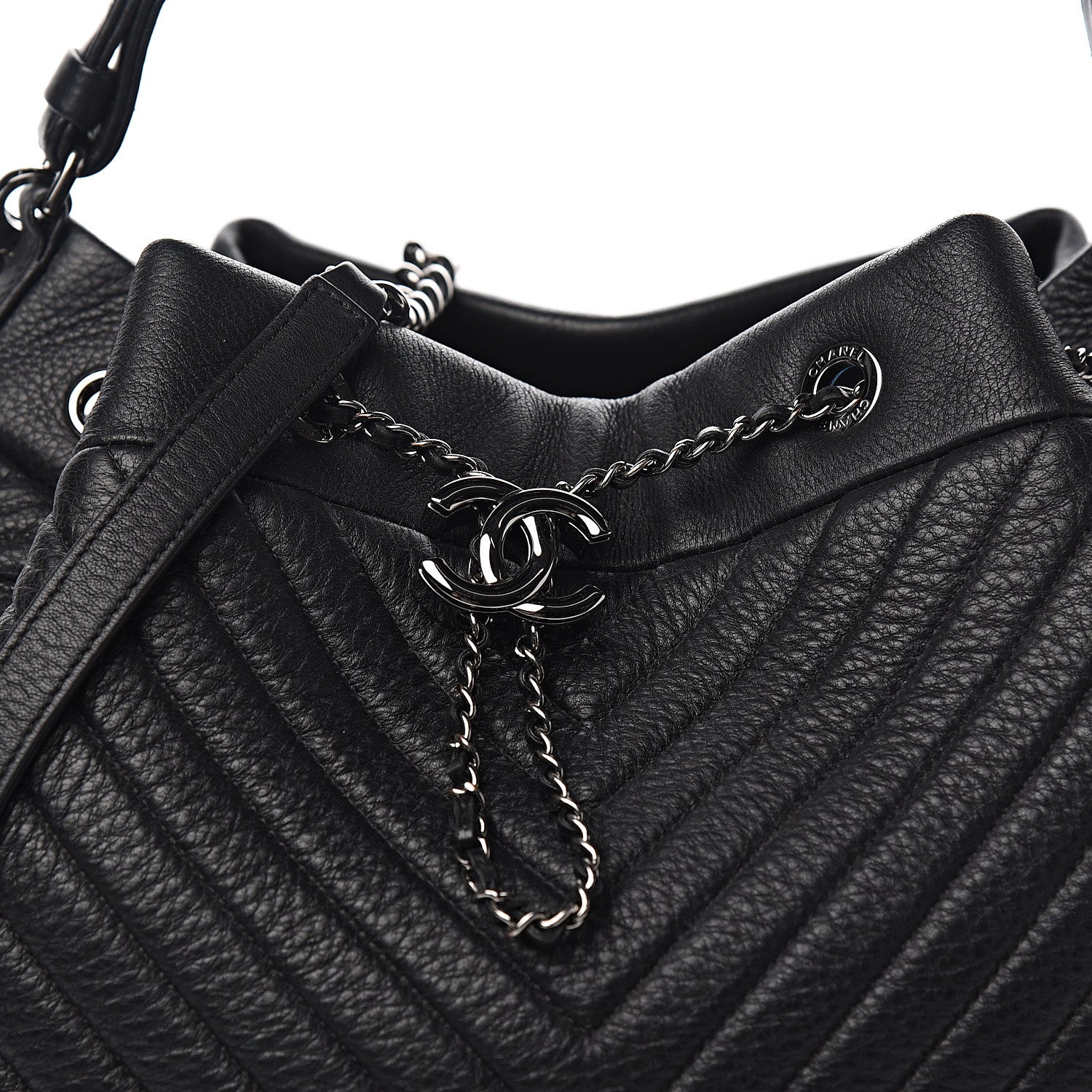 Chanel Deerskin Chevron Large CC Chain Bucket Drawstring Bag Black 9 of 9