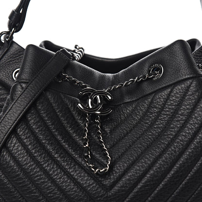 Chanel Deerskin Chevron Large CC Chain Bucket Drawstring Bag Black 9 of 9