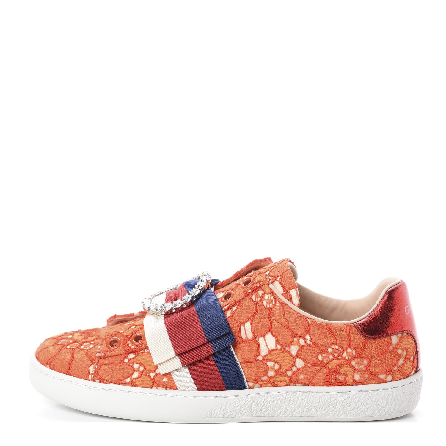 Gucci Lace Crystal Sylvie Web Flower Leaf Womens Ace Sneakers 35.5 Hot Orange Tan Beige 1 of 7