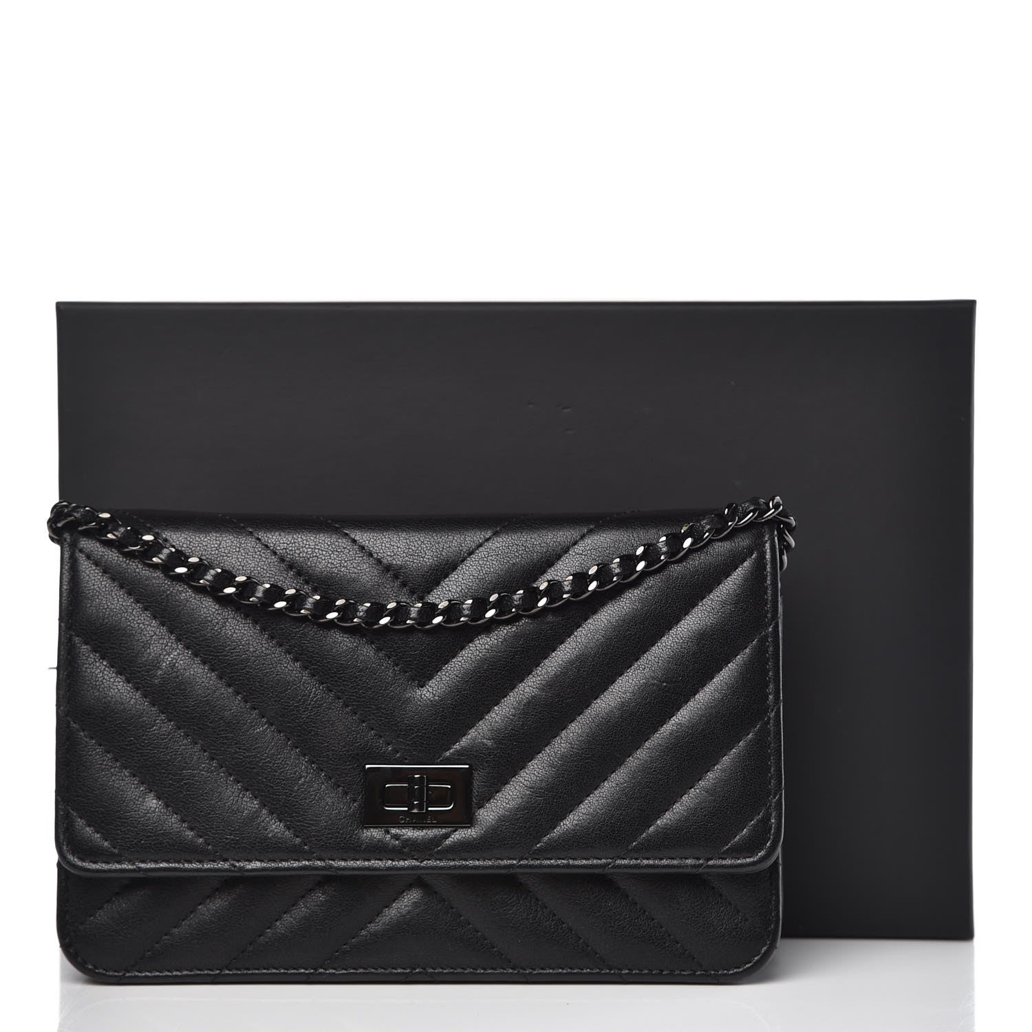 Chanel Sheepskin Chevron Reissue Wallet On Chain WOC So Black 15 of 15