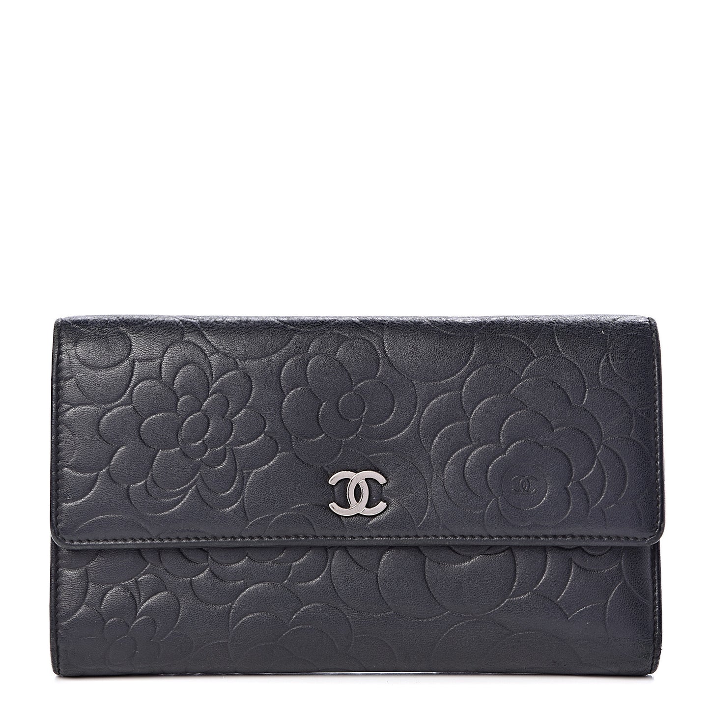 Lambskin Camellia Embossed Large Flap Wallet Black