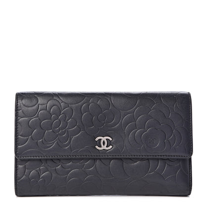 Chanel Lambskin Camellia Embossed Large Flap Wallet Black 1 of 17