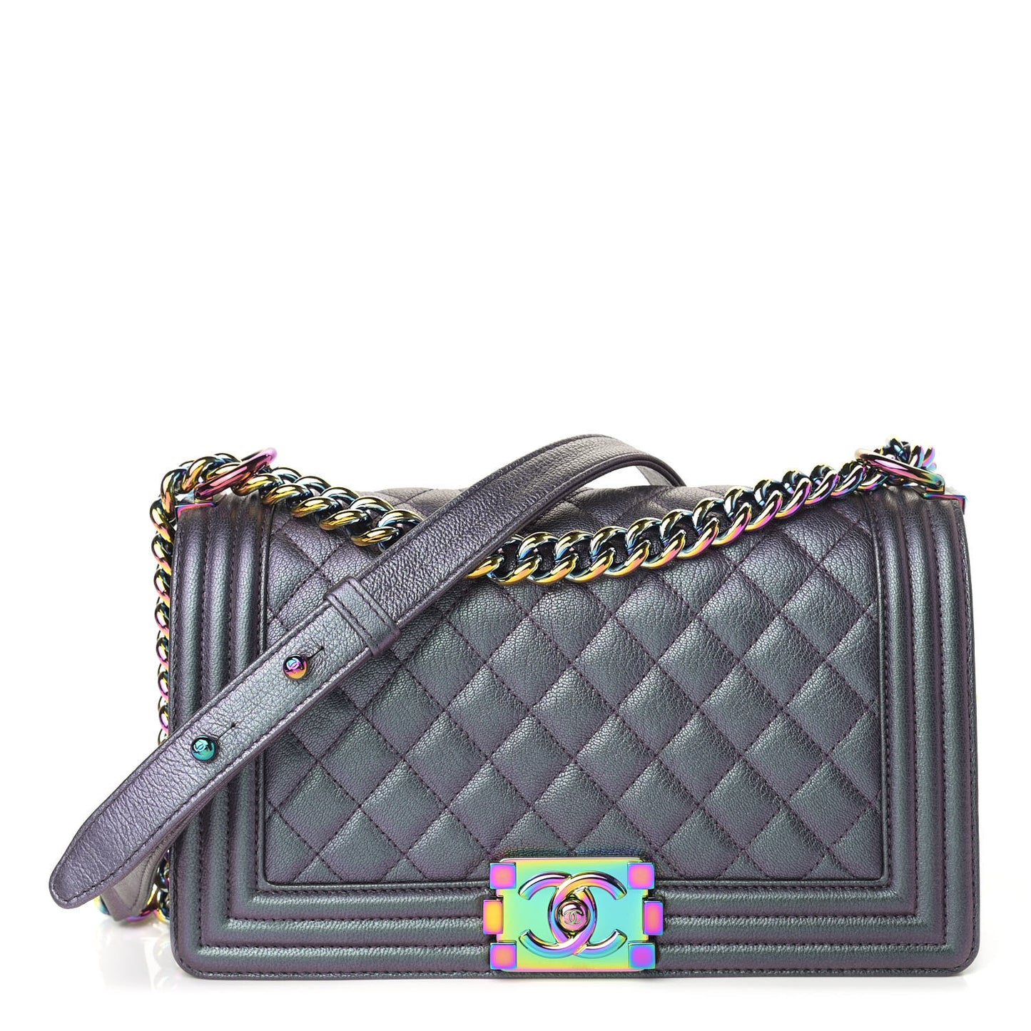 Iridescent Goatskin Quilted Medium Boy Flap Purple