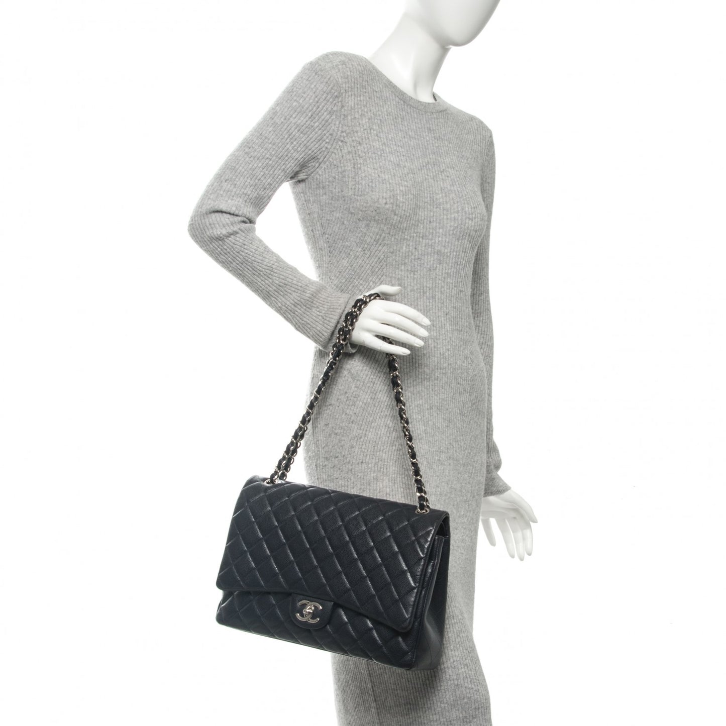 Caviar Quilted Maxi Double Flap Navy Blue