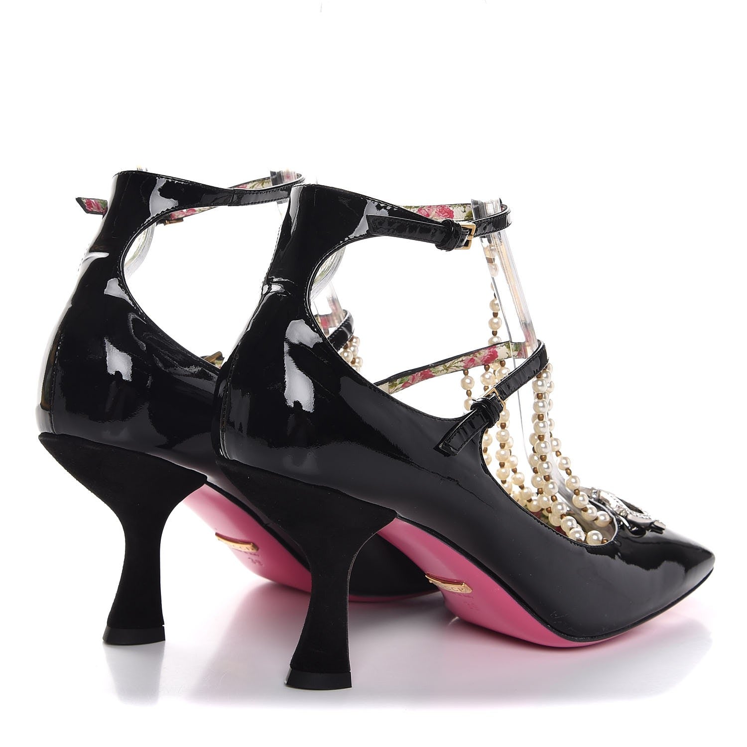 Gucci Patent Pearl Taide T-Strap Mid Heel Pumps 39 Black 4 of 8