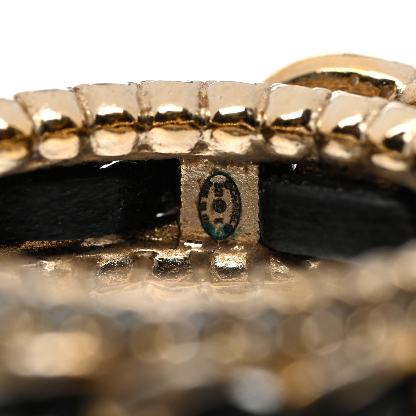 Metal Crystal Lambskin CC Ring 53/6.5 Gold Black