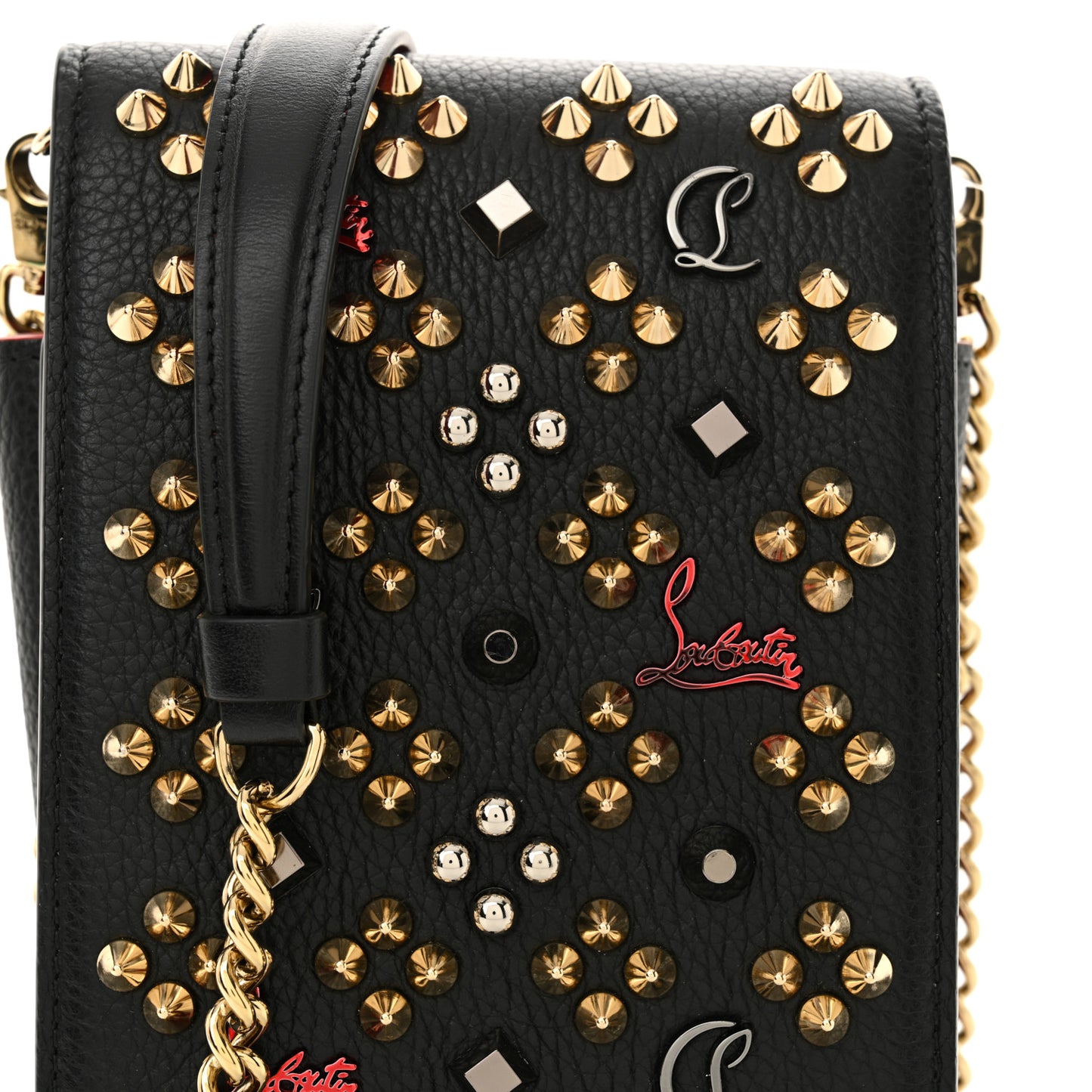 Calfskin Spikes Loubinthesky Paloma Crossbody Phone Case Black Multicolor