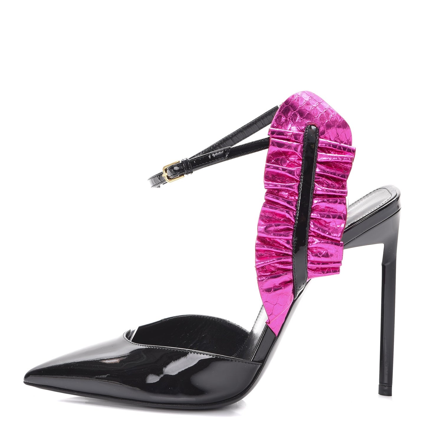 Patent Calfskin Ayers Edie 110 Leaf Slingback Pumps 37.5 Black Fuschia