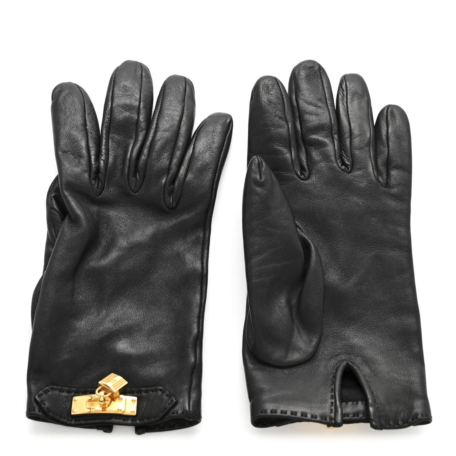Hermes Lambskin Soya Kelly Lock Gloves 6.5 Black 1 of 5