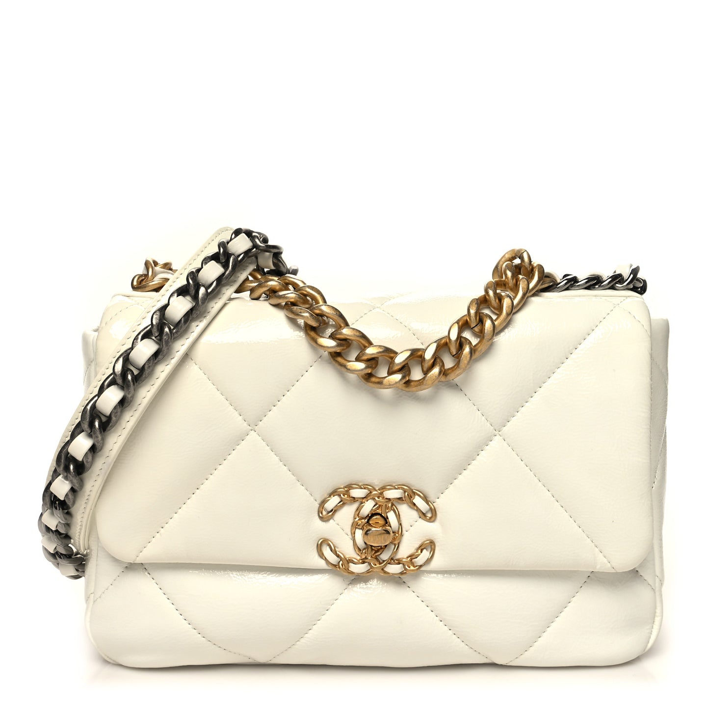 Shiny Crumpled Calfskin Quilted Medium Chanel 19 Flap White