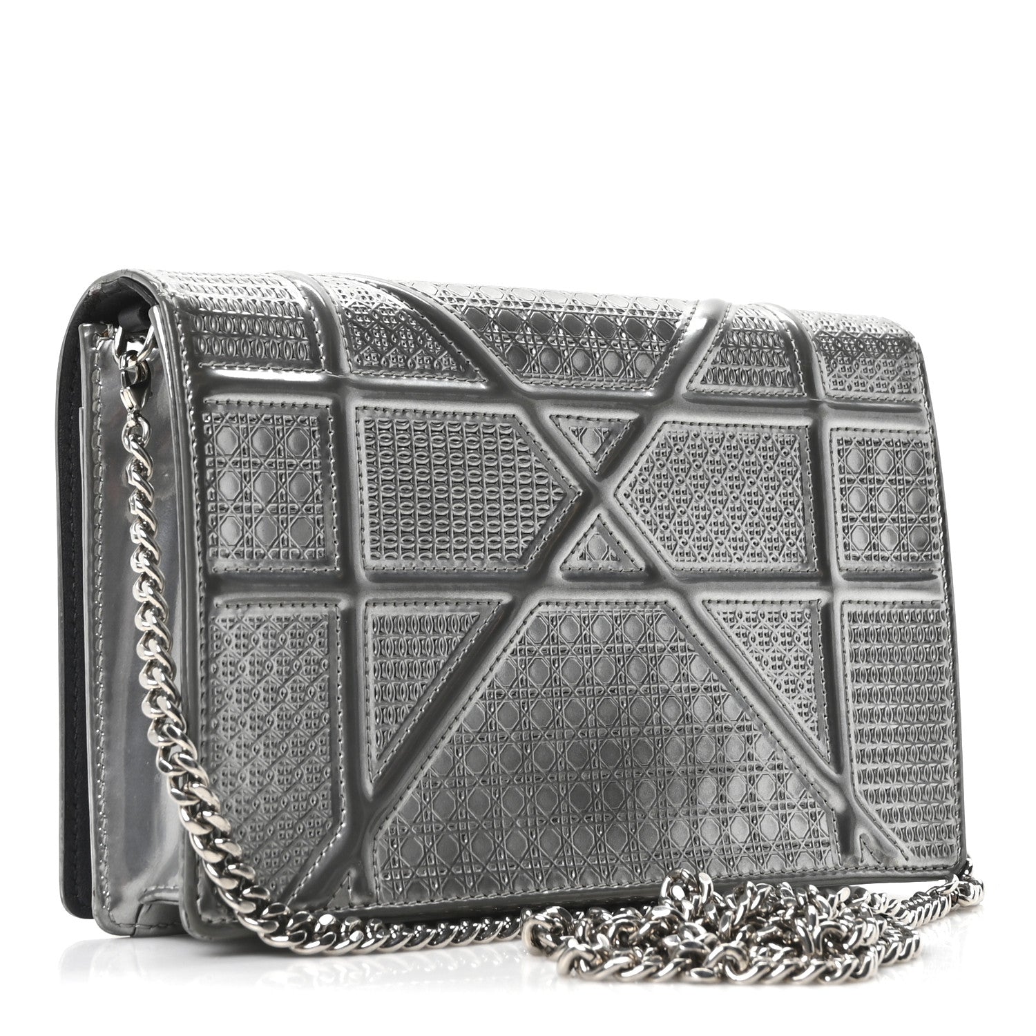 Christian Dior Metallic Patent Micro-Cannage Diorama Wallet on Chain Pouch Silver 3 of 10