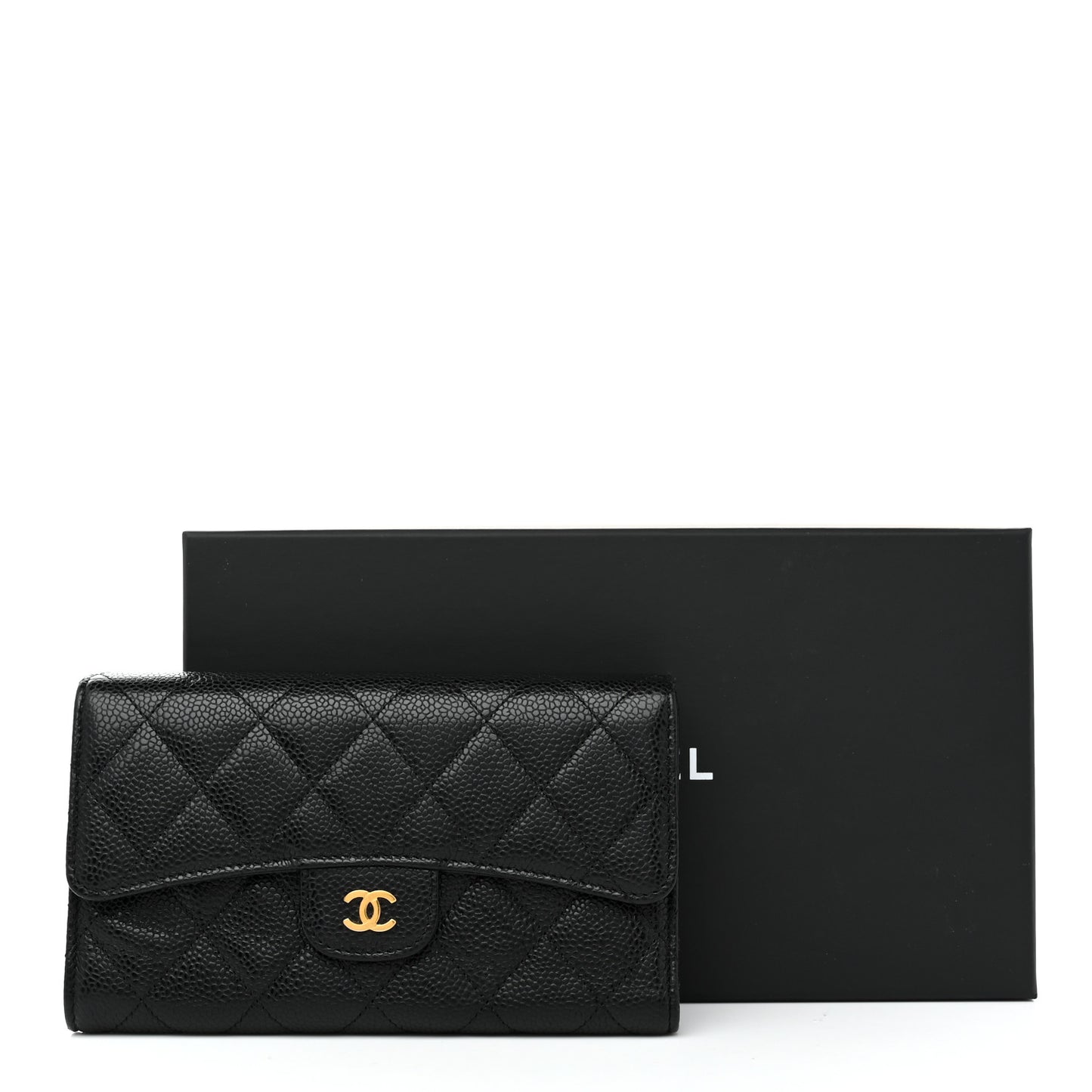 Caviar Quilted Long Flap Wallet Black