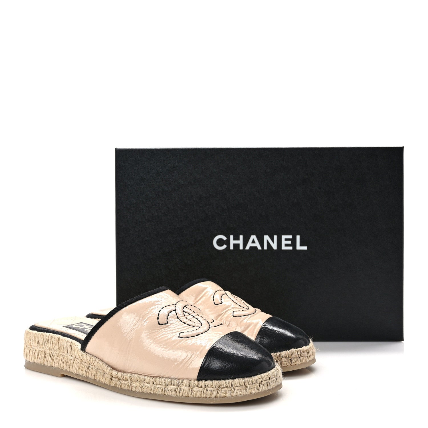 Chanel Crumpled Patent CC Espadrille Mules 35 Beige Black 9 of 9