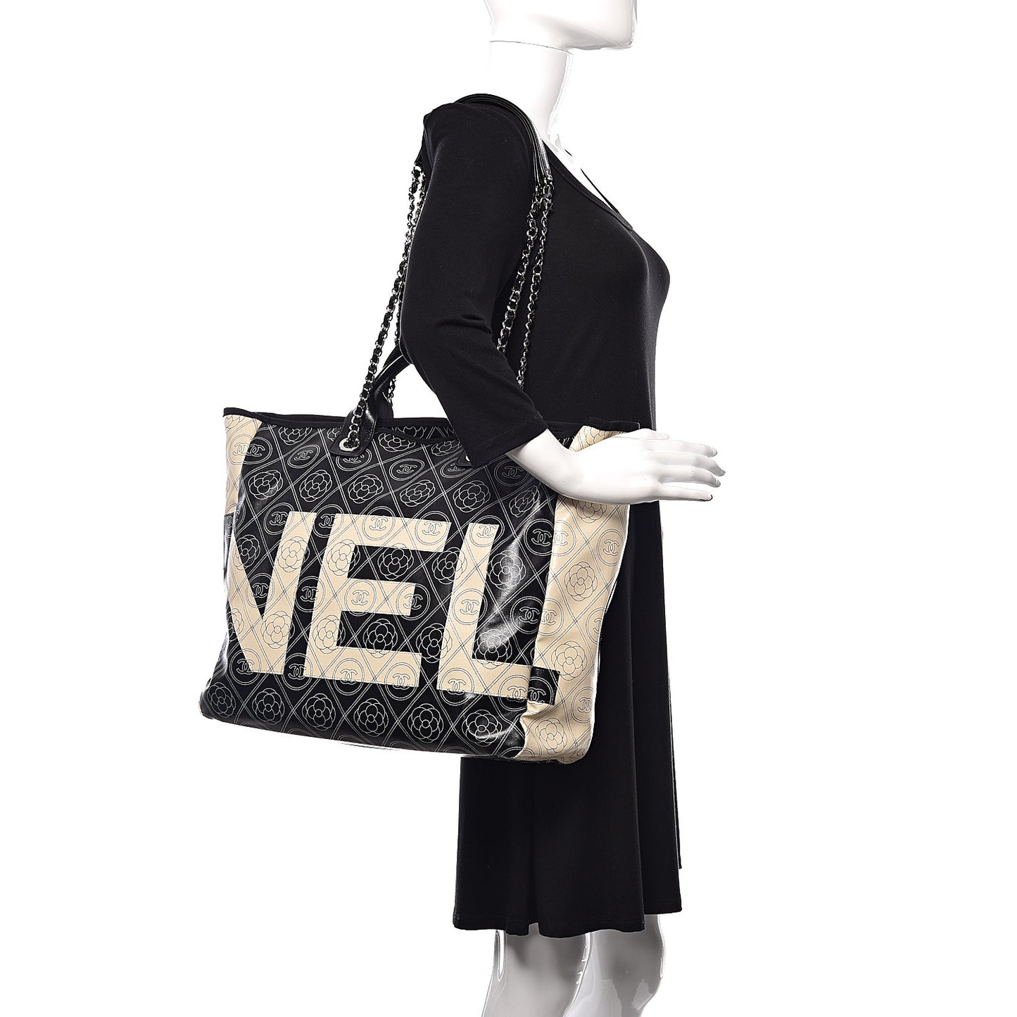 Coated Canvas Camellia Medium Shopping Tote Black Beige