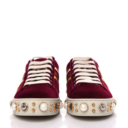Gucci Velvet Ayers Web Faux Pearl Embellished Womens New Ace Sneakers 35 Malbec Oro Vecchio 2 of 11