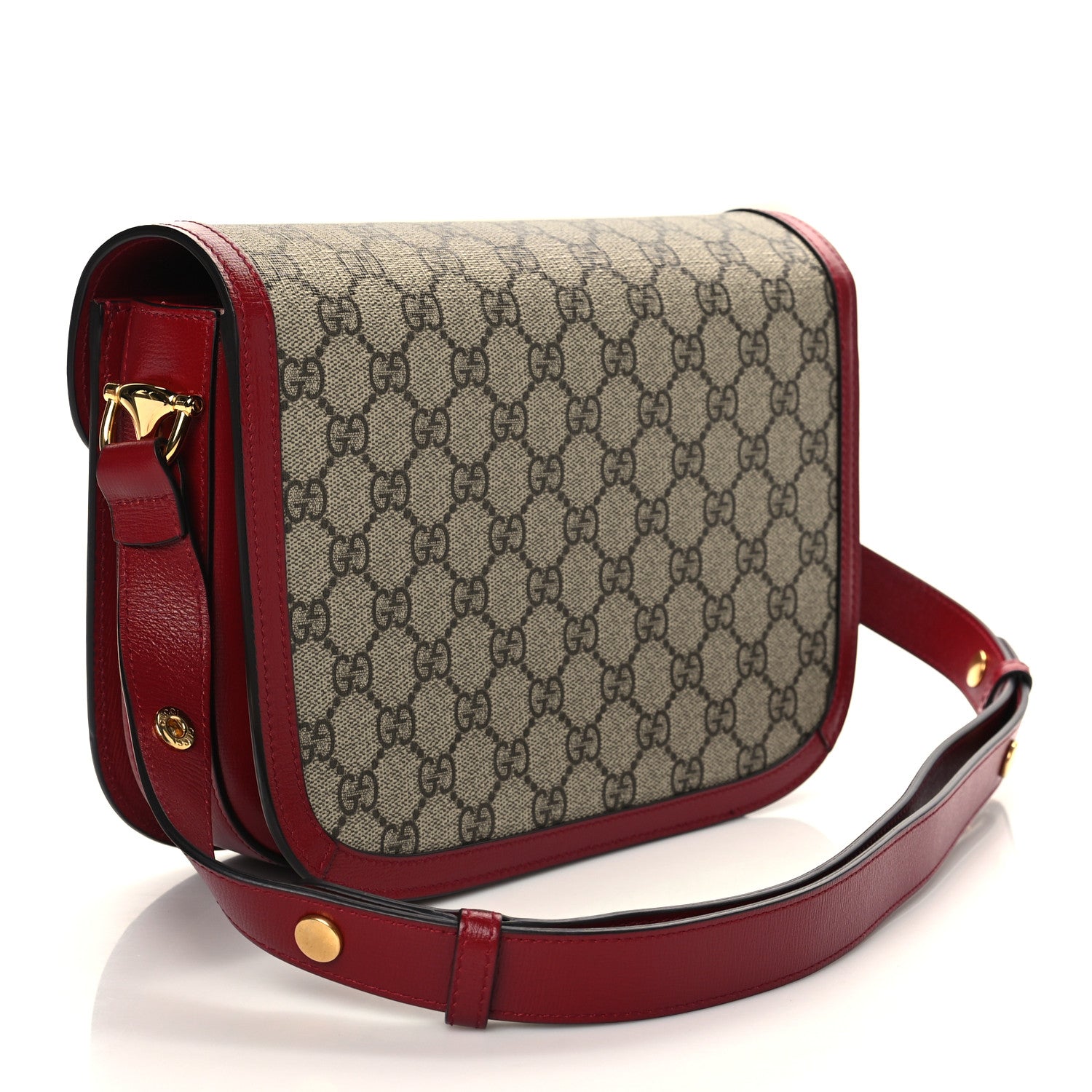 Gucci GG Supreme Monogram Azalea Calfskin Horsebit 1955 Shoulder Bag Beige Ebony New Cherry Red 3 of 6