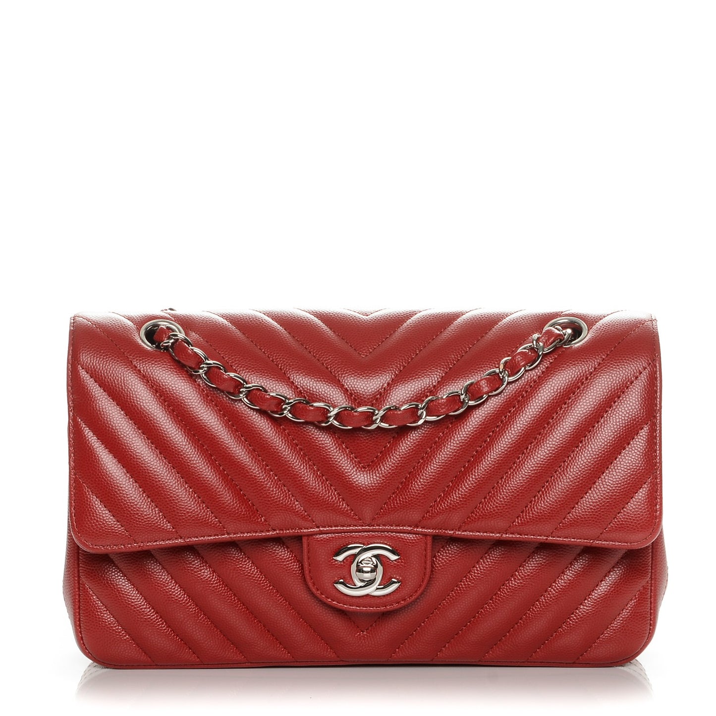 Caviar Chevron Quilted Medium Double Flap Dark Red