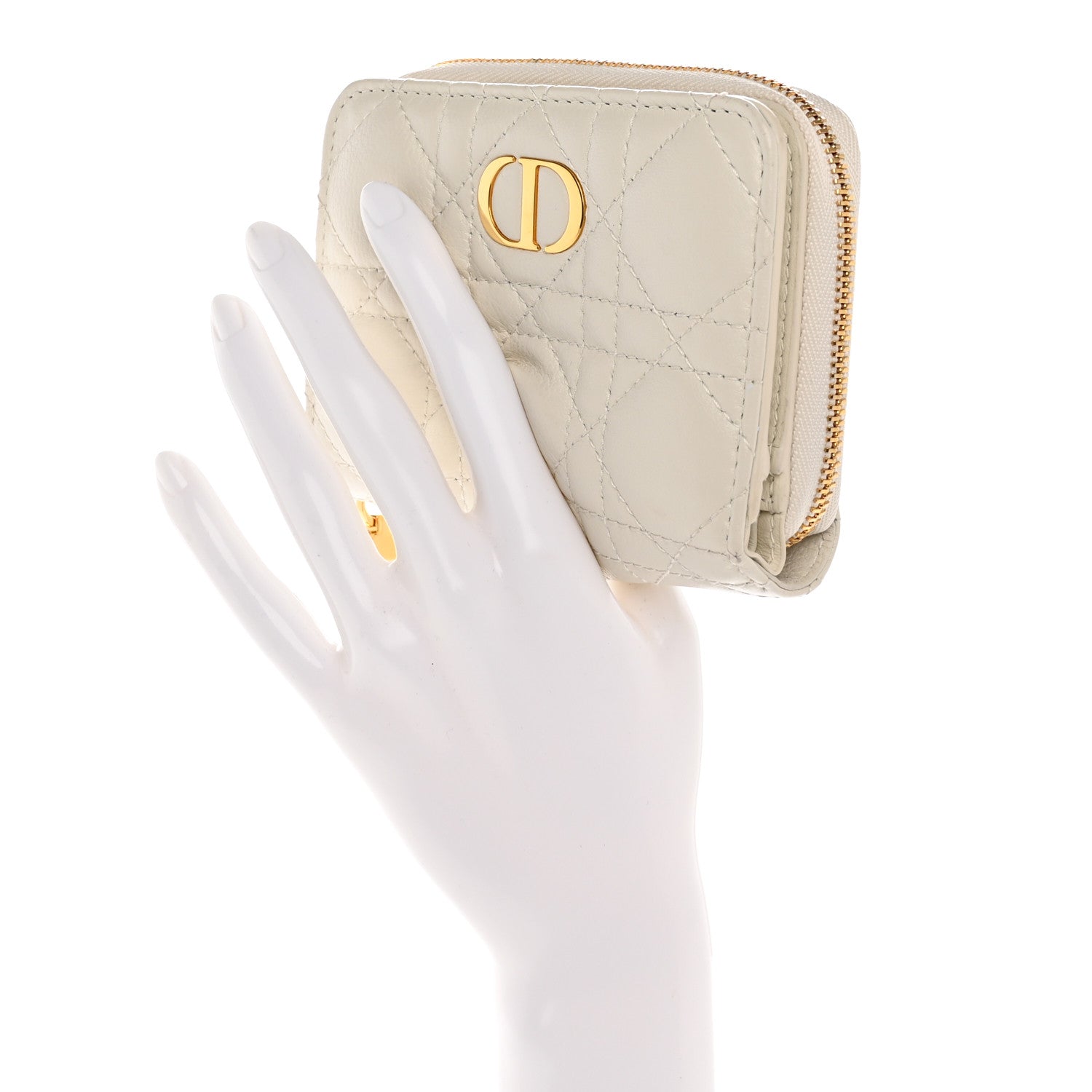 Christian Dior Grained Calfskin Supple Cannage Caro Compact Zip Card Wallet White 2 of 9
