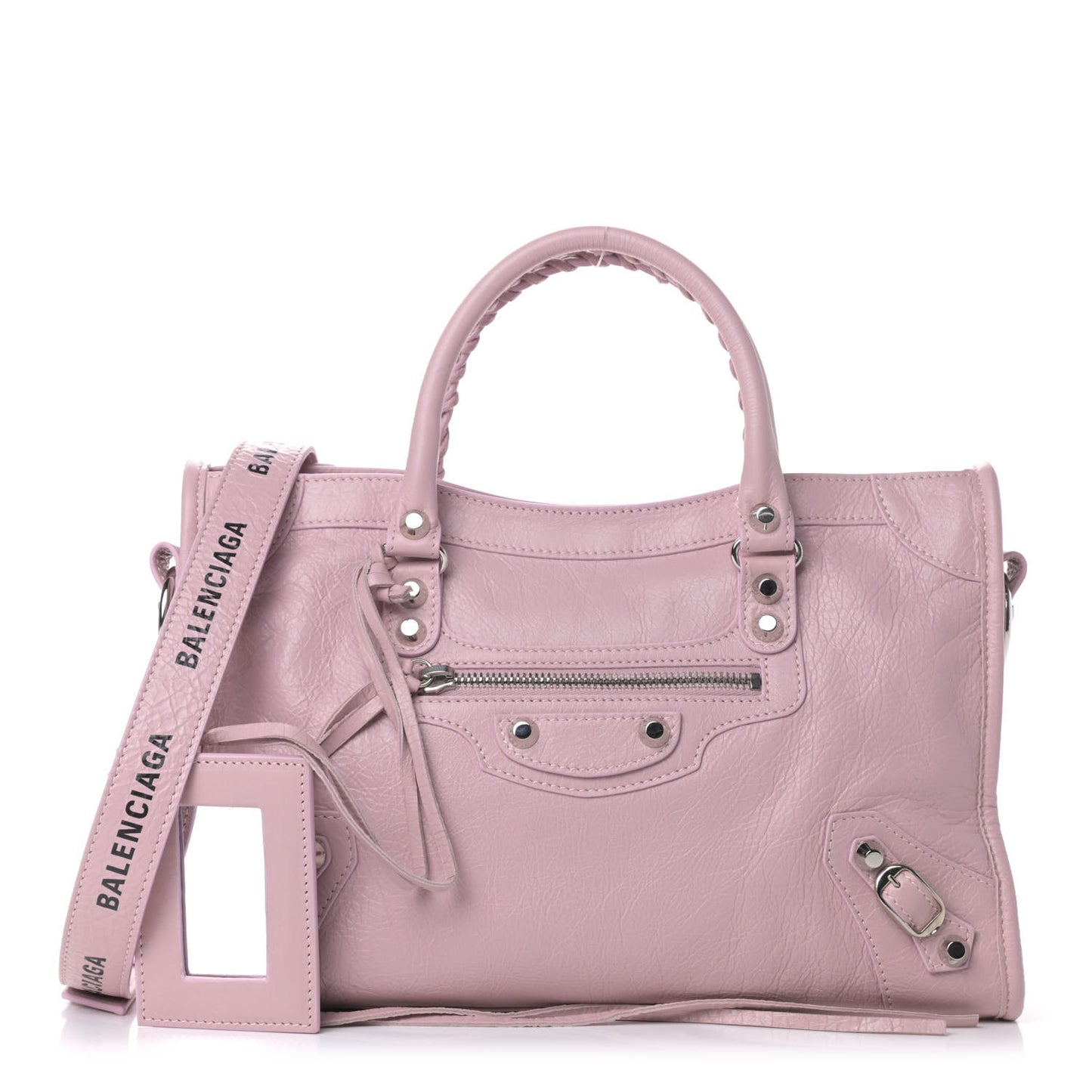 Agneau Classic Silver Hardware S City Logo Strap Pale Rose Black
