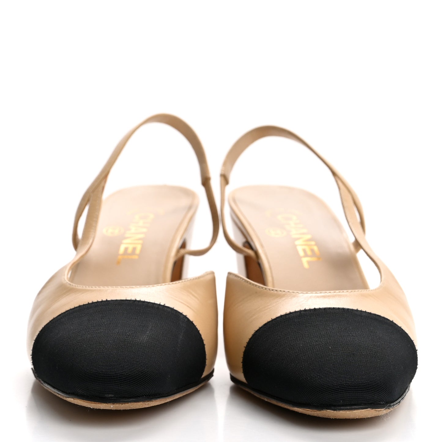 Goatskin Grosgrain Cap Toe CC Slingback Pumps 38.5 Beige Black