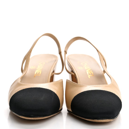 Chanel Goatskin Grosgrain Cap Toe CC Slingback Pumps 38.5 Beige Black 3 of 13