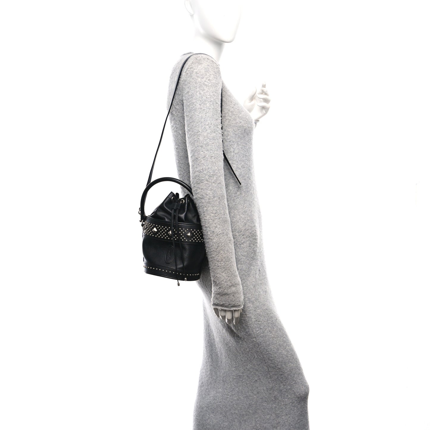 Smooth Calfskin Studded Small Bahia Drawstring Bucket Bag Black