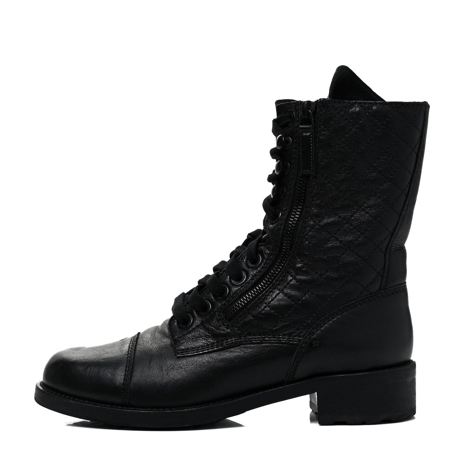 Calfskin Quilted Lace Up Combat Boots 39 Black