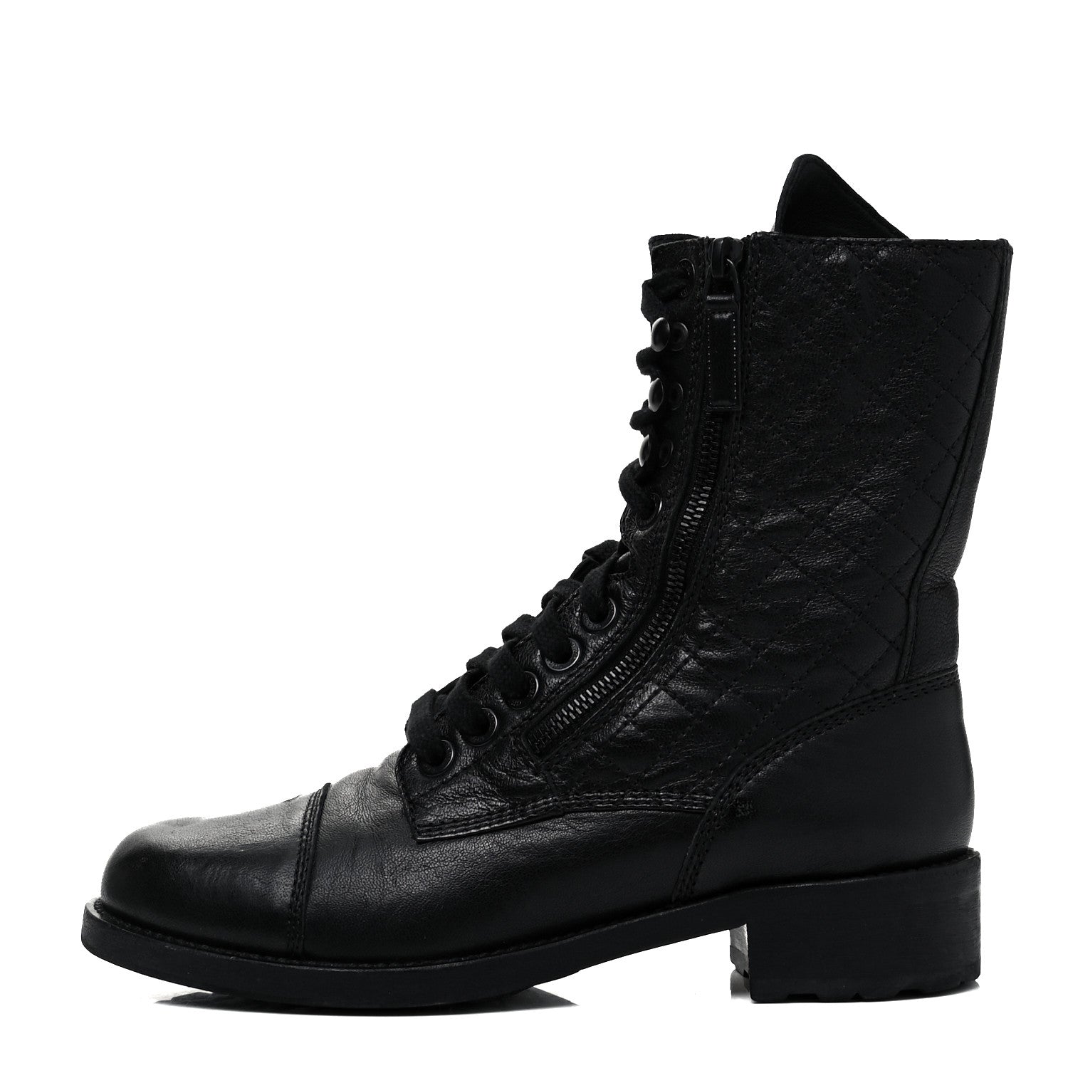 Chanel Calfskin Quilted Lace Up Combat Boots 39 Black 1 of 7